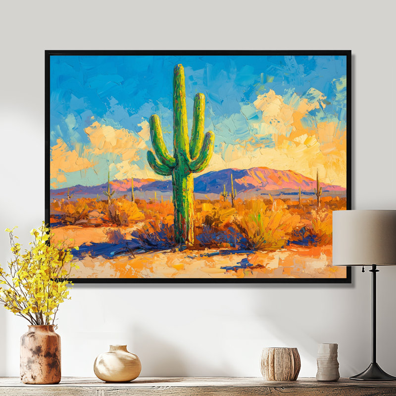 Saguaro dans la lumière dorée II - cactus, art mural, Noir, H 12 po x l 20 po, Cadre flottant