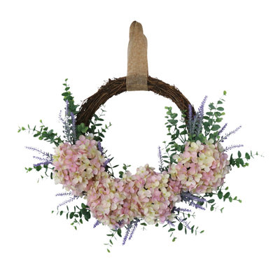 Couronne d'hortensia pour la porte d'entrée, hortensia rose en demi-cercle et lavande avec feuilles d'eucalyptus, base en rotin couronne de printemps été, couronne décorative pour décoation de fête de mariage intérieure et extérieure