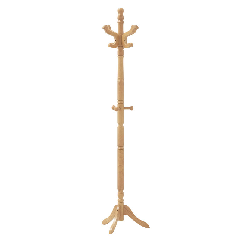 Solid Rubber Wood Coat Rack with 3 Adjustable Heights and 11 Hooks for Hallway, Natural