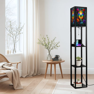 Dimmable LED Standing Floor Lamp Colorful Rainbow Butterfly Floral Design Stained Glass Print, MDF Frame Floor Lamp with Remote Control, 3 Color Light, for Living Room Bedroom