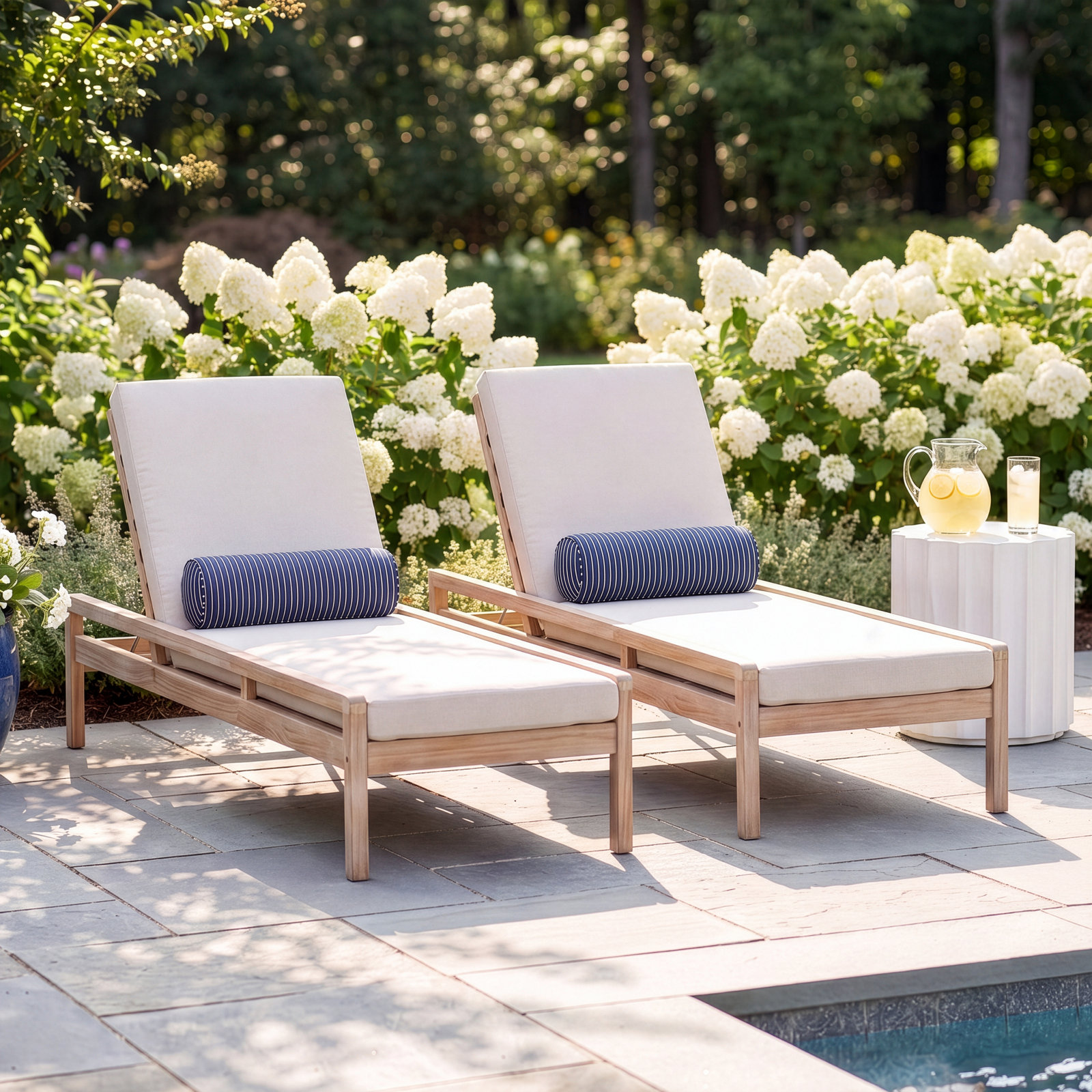 Amina 27" Acacia Patio Chaise Lounge Set, Beige