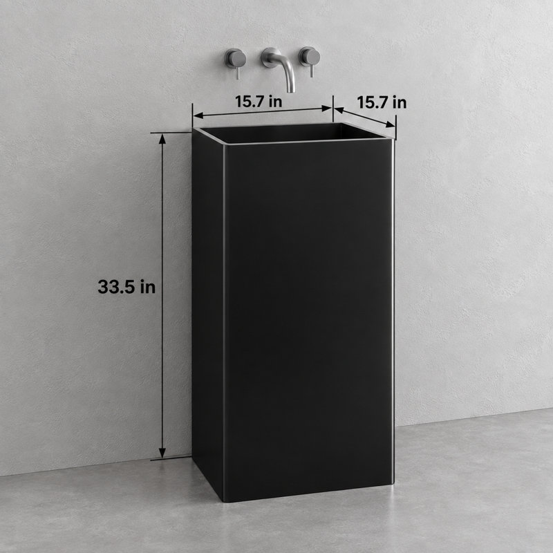 Vast Studio Black/Gray Freestanding Pedestal Sink – Solid Surface Rectangular Basin with Metallic Luxury Finish & Modern Minimalist Spa-Inspired Design