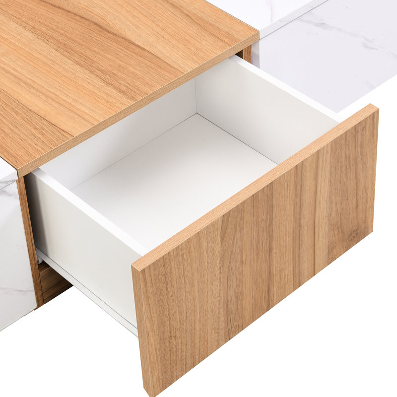 Stylish Tv Stand With Faux Marble & Walnut Finish, 4 Drawer Storage For 88" Tvs, Unit Chic White Walnut, Drawers Living Room Accent