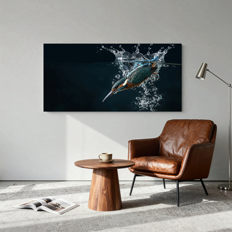 Toile bleue sur fond bleu avec un martin-pêcheur, 46“W x 24”H