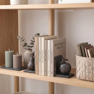Serre-livres 2 pièces en forme de fruits en fonte - Poire martelée noire et supports sculpturaux de pomme pour bibliothèque ou bureau
