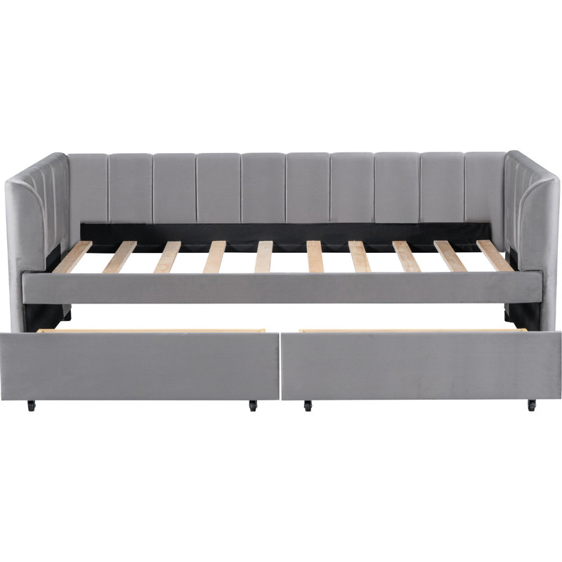 Twin Daybed With 2 Storage Drawers And Ergonomic Back, Gray Finish Size Back Support Pull-out Drawers,, Gray