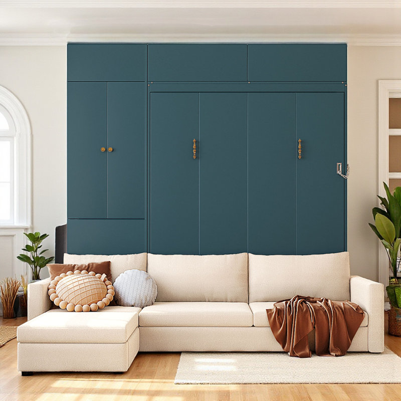 Grand lit escamotable avec canapé rembourré intégré et rangement, Vert