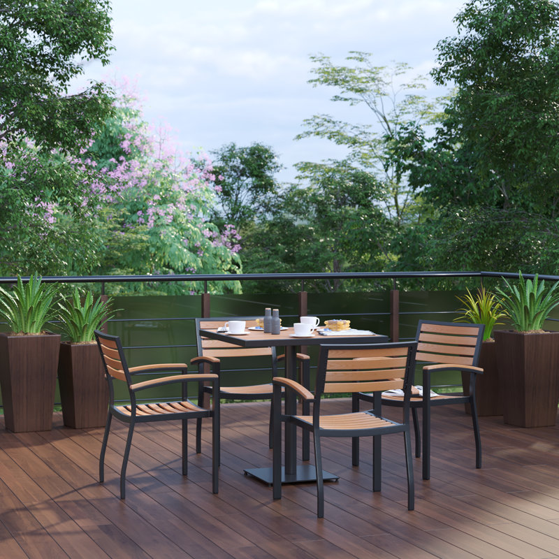 Abdimalik 4 Faux Teak Accented Club Chairs and 30" Square Faux Teak Patio Table Set