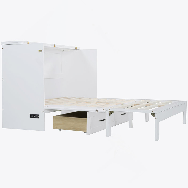Lit escamotable double avec grands tiroirs, blanc, Full, Blanc
