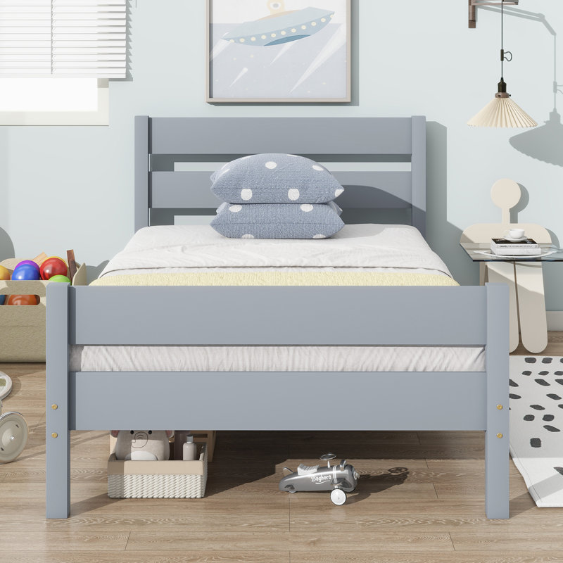 Lit simple avec tête et pied de lit, lit en bois d'hévéa, gris