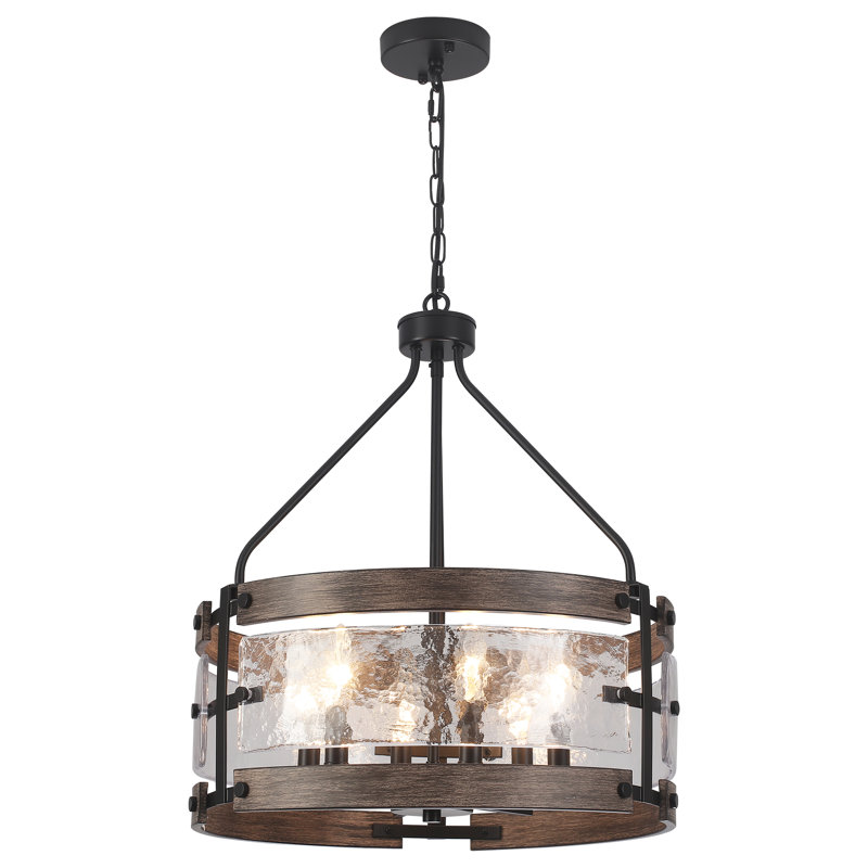 6 - Light 18.9'' Dimmable Modern Drum Candle   Chandelier With Glass Shape, Black/Wood Grain