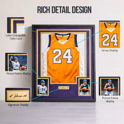 Custom Jersey Frame Display Case with Color Mat, Photo Slots & Signature Display, Wall Mount Shadow Box with Hardware Kit, Top Color: Light Blue, Base Color: White