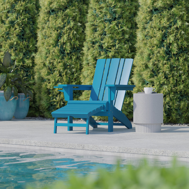 Avir Commercial All-Weather Adirondack Chair with Pullout Ottoman & Cupholder, Blue