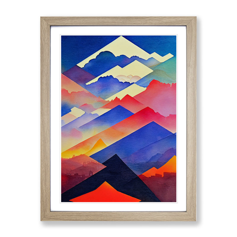 Watercoloured Mountain Landscape - Single Picture Frame Print, 64cm H x 46cm W x 2cm D, Oak Framed