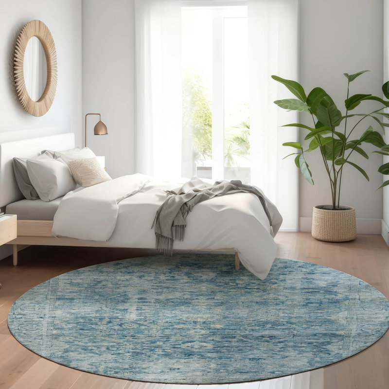 Machine Washable Indoor/Outdoor Xhevrie Blue Rug, Round 8'