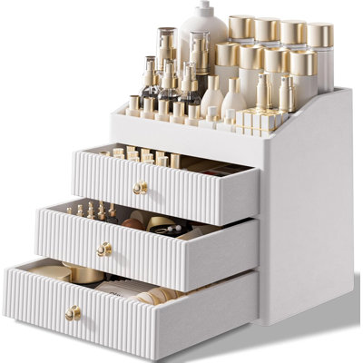 Vanity Organizers,Luxury Skincare Organizer with 3 Tier Drawers.Beige White Large Capacity Cosmetic Organizer