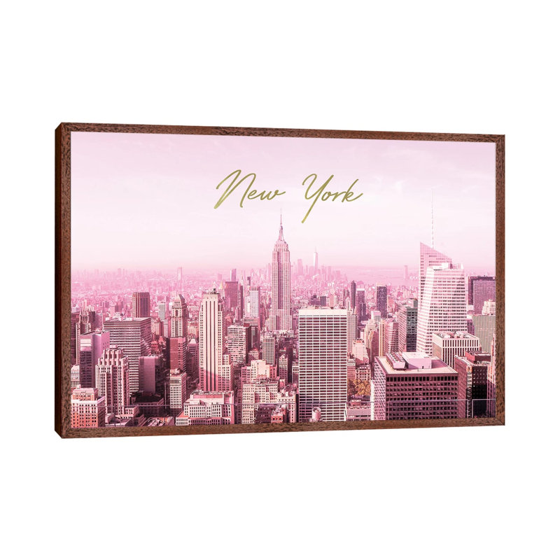 Pink New York - Print on Canvas, Classic Brown Wood Framed, 45.72cm H x 66.04cm W x 3.81cm D