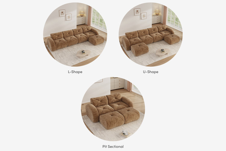collage depicting common modular sofa configurations including a u-shaped sofa, an L-shaped sofa, and a pit shaped sectional modular sofa
