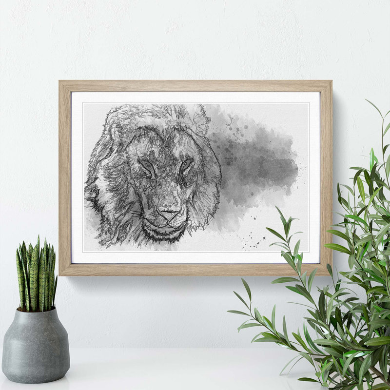 Portrait of a Lion in Abstract - Framed Print, Oak, 40cm H x 60cm W x 2cm D