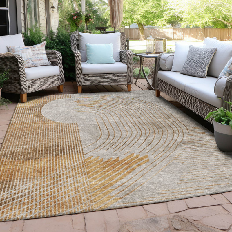 Machine Washable Indoor/Outdoor Xhevrie Gold Rug, Rectangle 10' x 14'