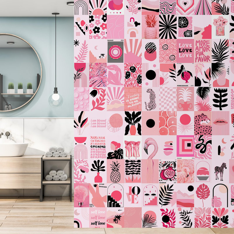 Mid Century Modern Abstract Botanical Animal and Geometric Shapes Wallpaper, Red, 108" L x 48" W