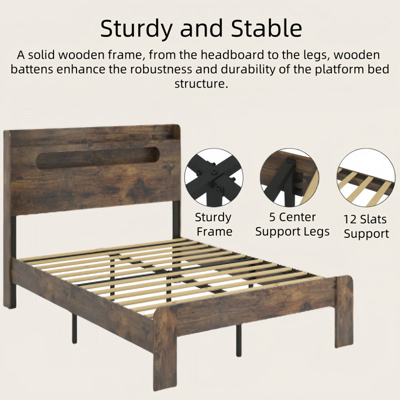 King Rustic Brown Wood Platform Bed Frame with Storage and LED Headboard