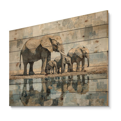 «Elephant Family At The Watering Hole I», impression sur bois d'éléphant, sur bois de pin naturel