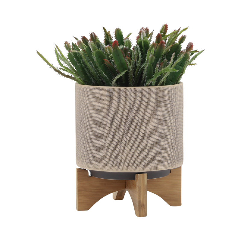 Set of 2 Beige Ceramic Planters with Wooden Stands