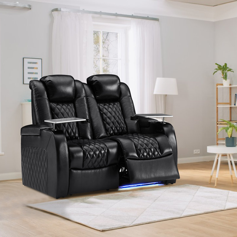 Causeuse inclinable rembourrée 58 po, Cuir véritable noir