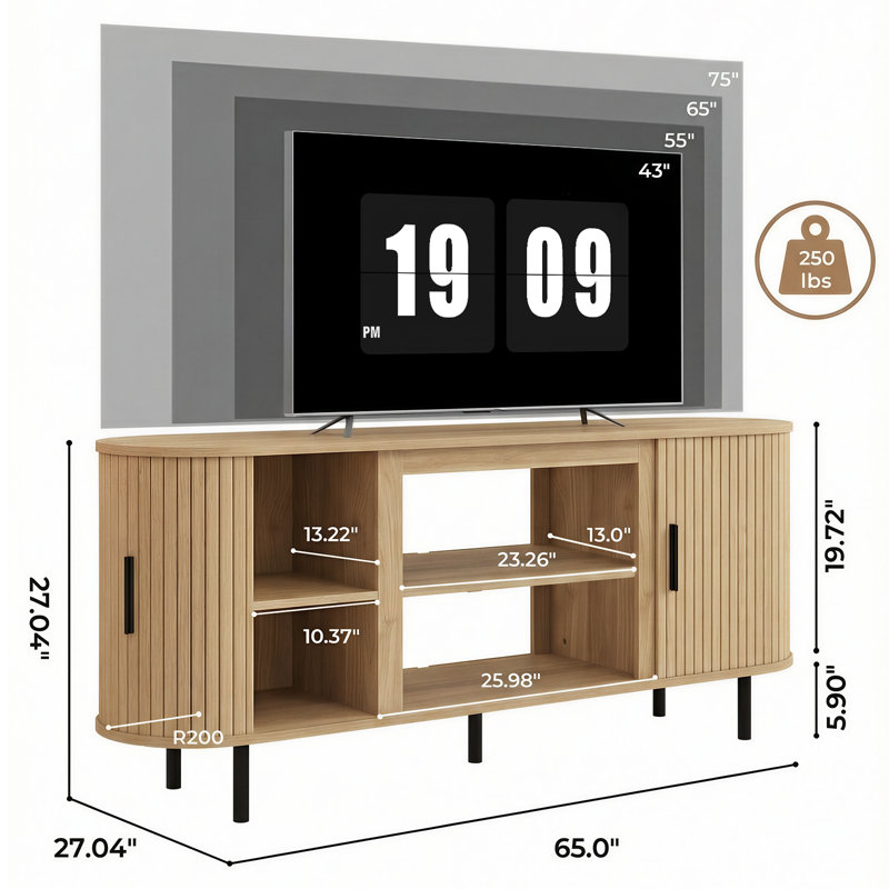 Meuble télé 65 po Mid Century Modern, Bois de chêne