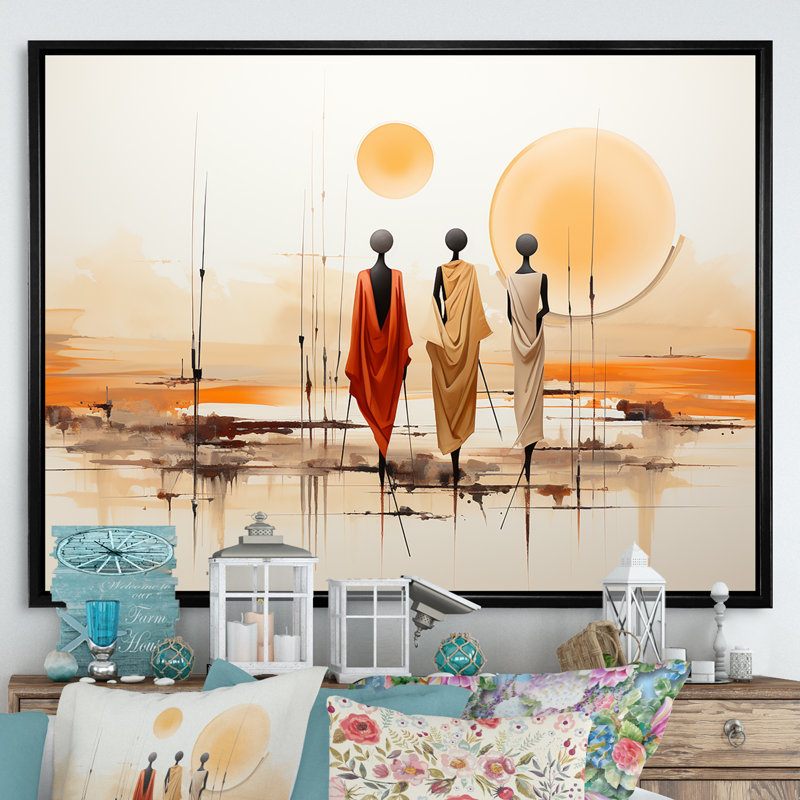 Bushmen africain du Kalahari I - art mural tribal africain, Cadre flottant noir, H 30 po x l 40 po x P 1,5 po