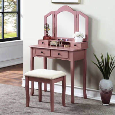 Meuble-lavabo en bois en or rose, avec table de maquillage, tabouret et boîte de rangement pour bijoux