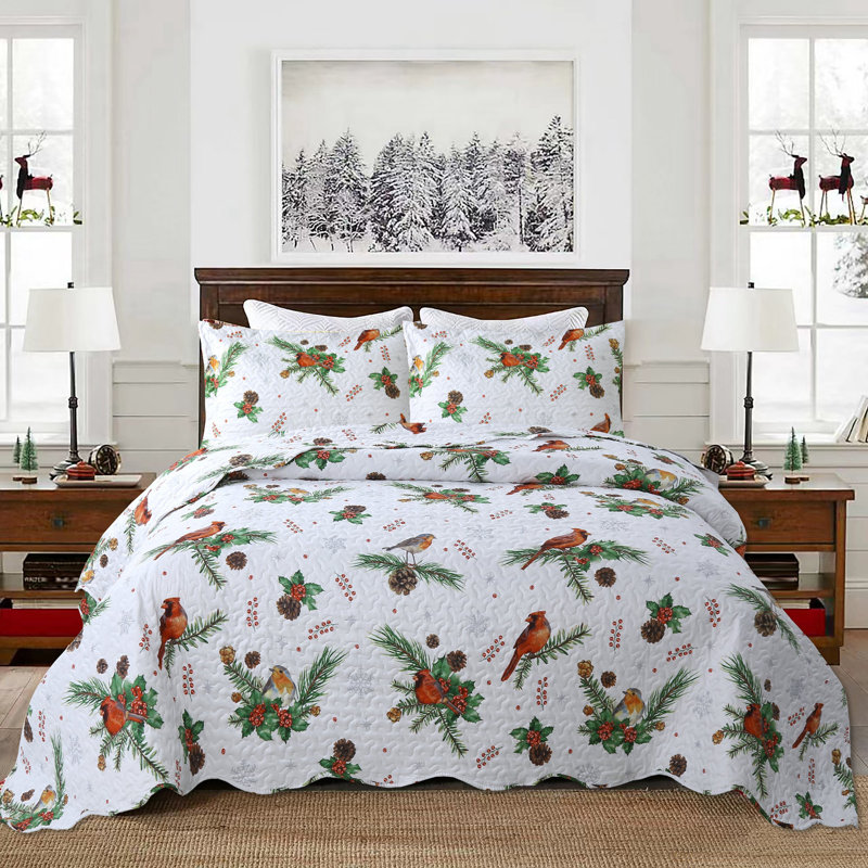 Queen White Christmas Cardinals Polyester Quilt Set