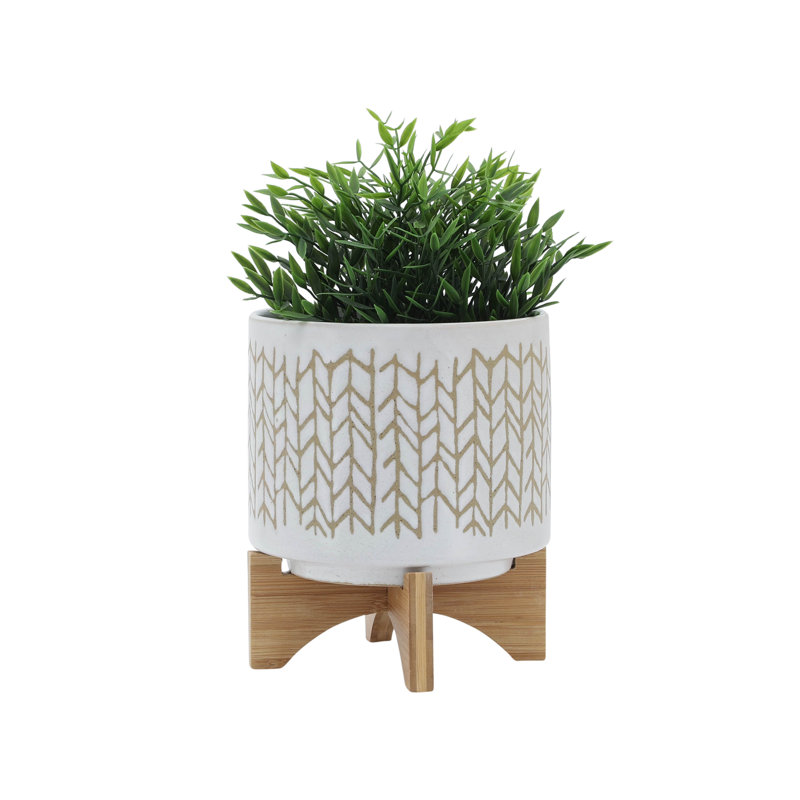 Stoneware Ceramic Planter with Carved Geometric Detail on Wood Stand Decorative Indoor Accent Pot, 8" H x 7" W x 7" D, 1