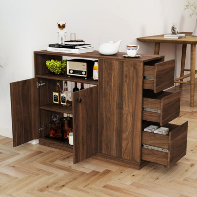 Small Kitchen Cabinet With Sliding Glass Doors And 3 Side Drawers, Suitable For Living Room Garage, 15Mm Particle Board, Walnut Colour, 84.67 Lb Weight 2 Doors, A Display Shelf, Minimalist Style,