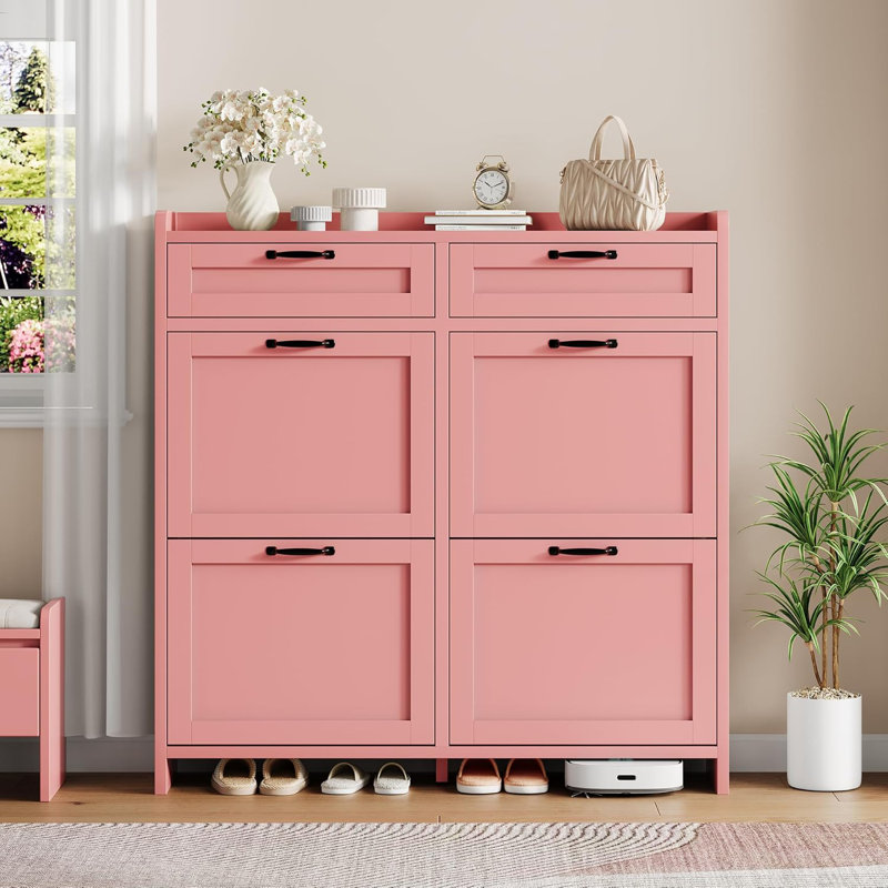 Freestanding Shoe Storage Cabinet, Engineered Wood with 4 Flip Drawers and 2 Top Drawers, Adjustable Interior Shelf, Entryway and Hallway Organization