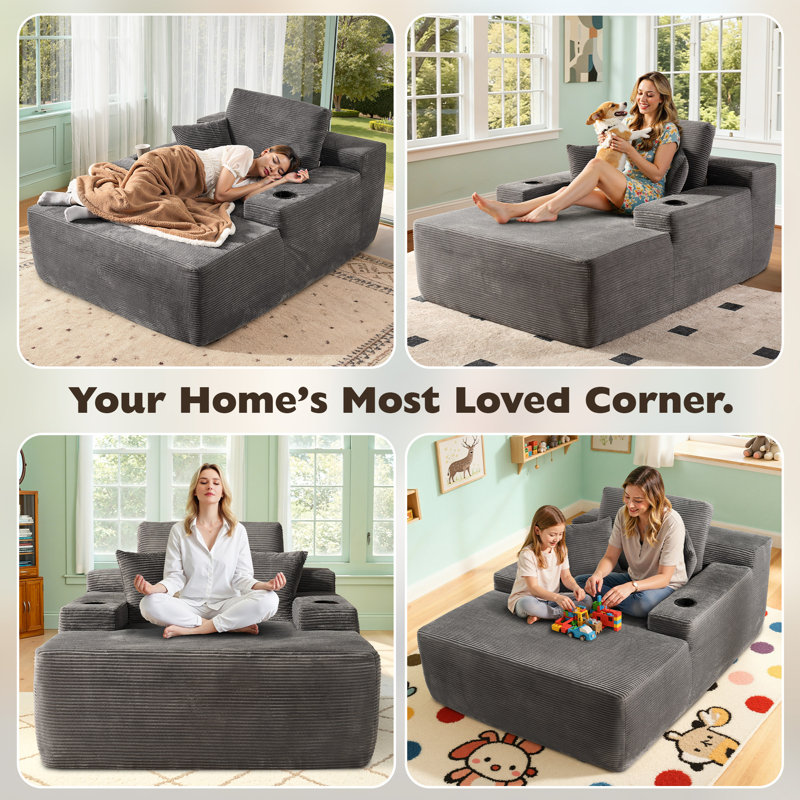 Cloudelle Oversized Plush Corduroy Compression Packed Chaise Lounge Chair , Gray Corduroy