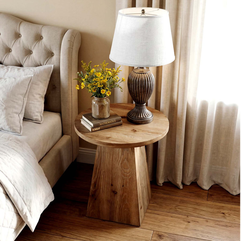 Petite table de bout en bois massif de 19 po avec base trapézoïdale, table d'appoint ronde de salon, 1