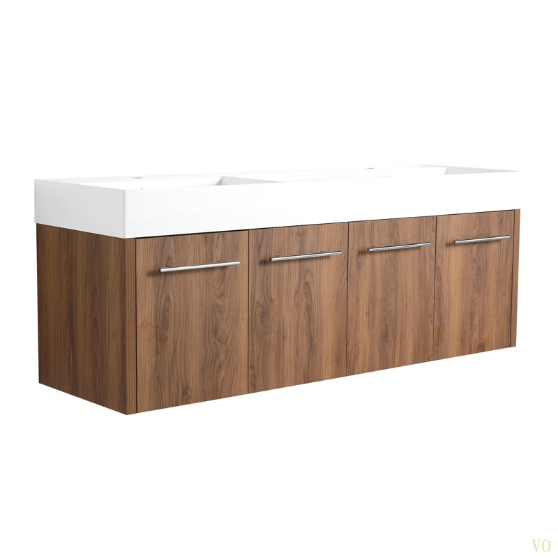 Meuble-lavabo mural de 60 po avec lavabo, lavabo double en résine à rebords épais, ensemble KD, Brun ébène