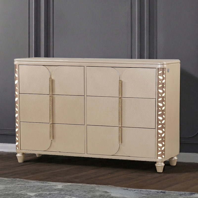 Commode 6 tiroirs Celestial Glow avec accents de pétales de fleurs à DEL et poignées dorées