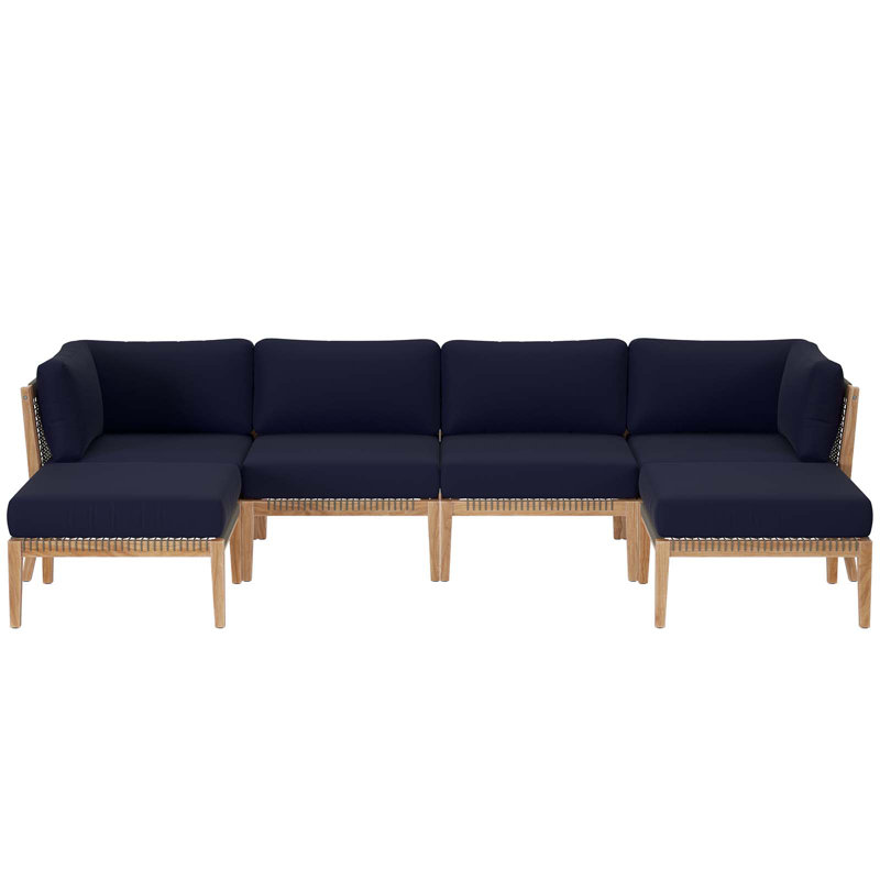 Modway Clearwater Outdoor Patio Teak Wood 6-Piece Sectional Sofa, Navy