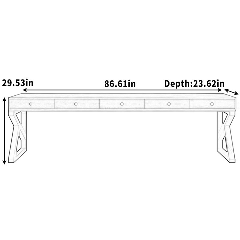 Bureau de travail multi-tiroirs avec pieds en fer en forme de K, H 29,53 po x l 86,61 po x P 23,62 po