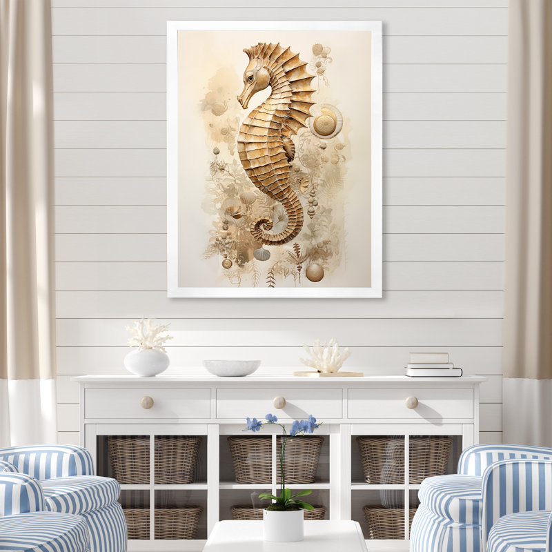Hippocampe magique beige III sur toile, Cadre simple blanc, H 32 po x l 16 po x P 1 po