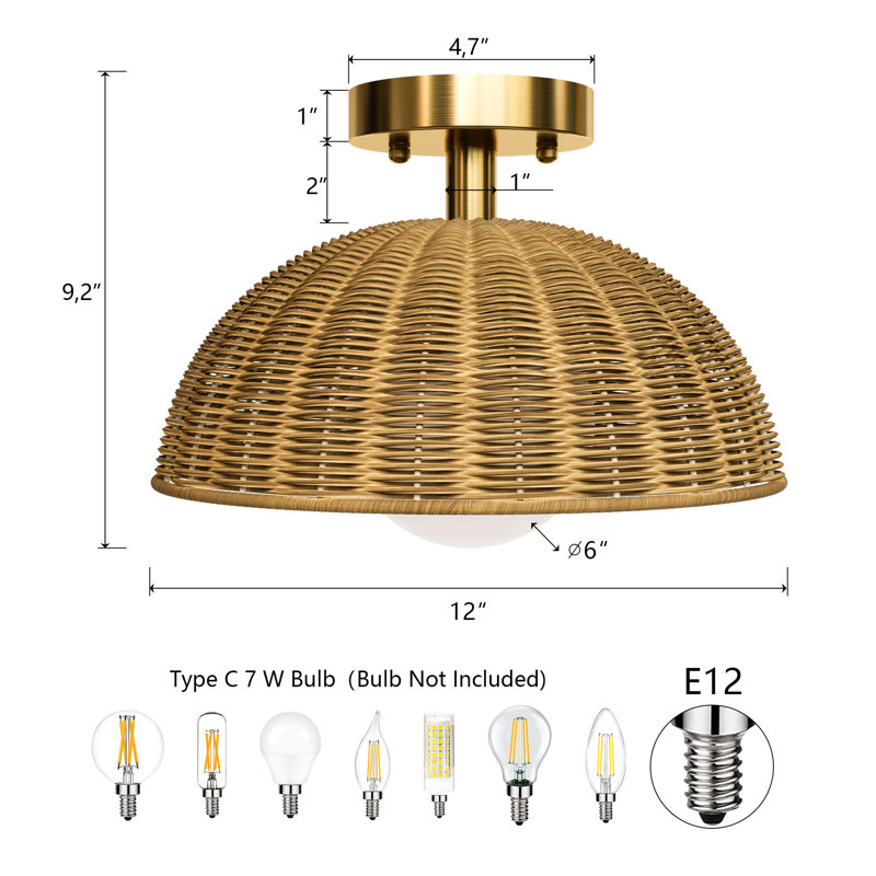 Bijolle 12'' 1 Light Farmhouse Rattan Plait Dome Semi Flush Mount Lighting For Living Room/Bedroom, Brushed Gold