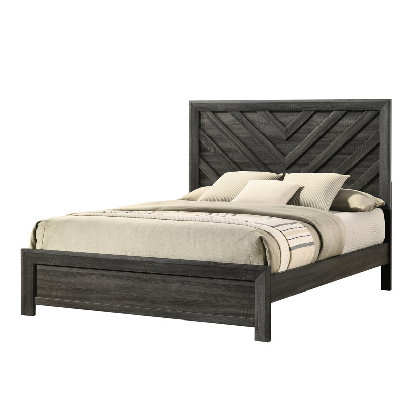 Solid And Full Size Bed With Pattern, Rustic Gray Finish Geometric Design, Contemporary Wood Bedroom Furniture Frame Piece Style Finish, Design