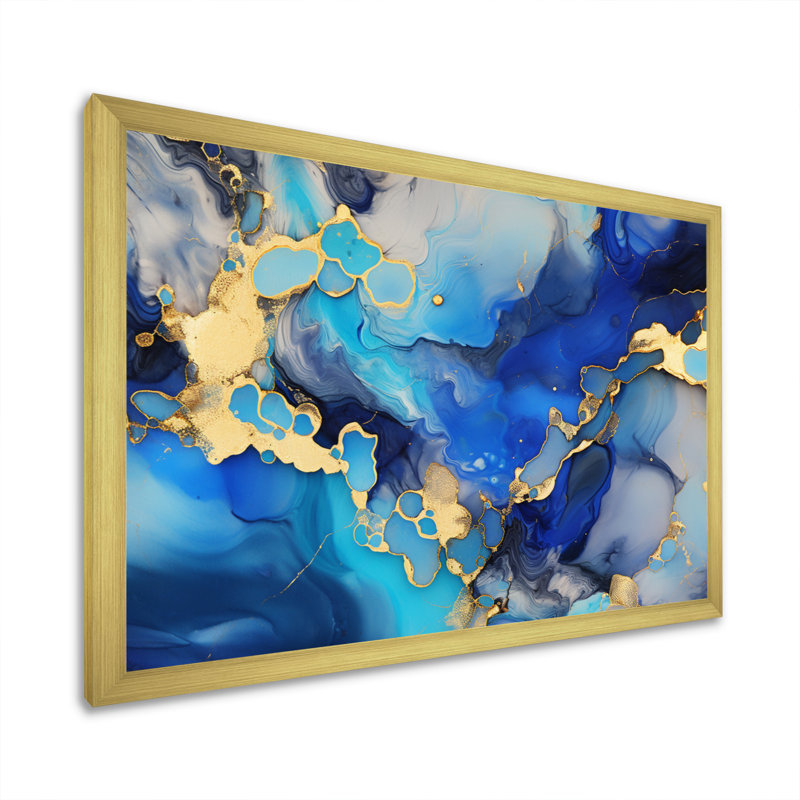 «Blue and Gold Luxury Abstract Fluid Art I», reproduction sur toile, H 24 po x l 32 po x P 1 po, Encadrement doré
