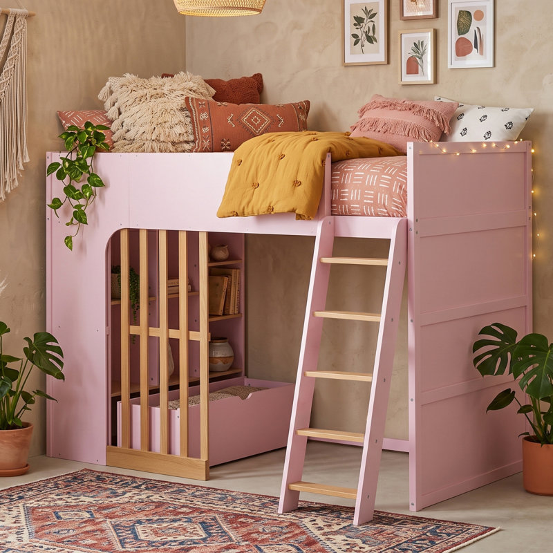 Lit mezzanine simple avec tablettes, lit mezzanine en bois avec échelle et tablettes de rangement, rose et chêne naturel