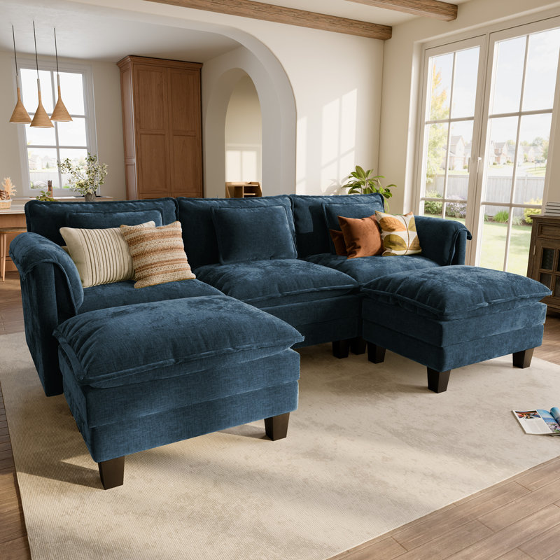Canapé modulaire Boneless, Chenille bleu, H 34,1 po x l 113,8 po x P 55,3 po