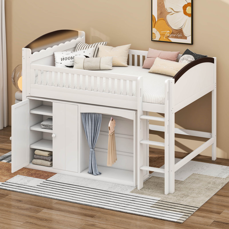 Lit mezzanine double avec armoire de rangement, garde-robe et DEL, Blanc / Espresso