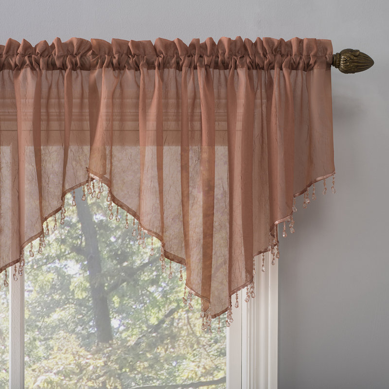 Mardis Beaded Tassels Crushed Sheer Voile Ascot Window Valance, Cedar